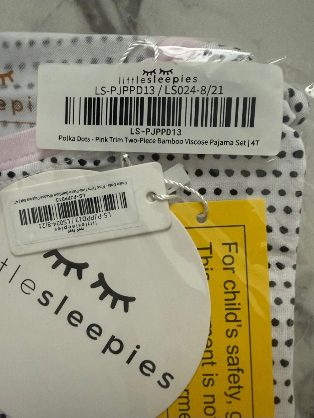 Little Sleepies White Top with Black Dots and Pink Neck Trim